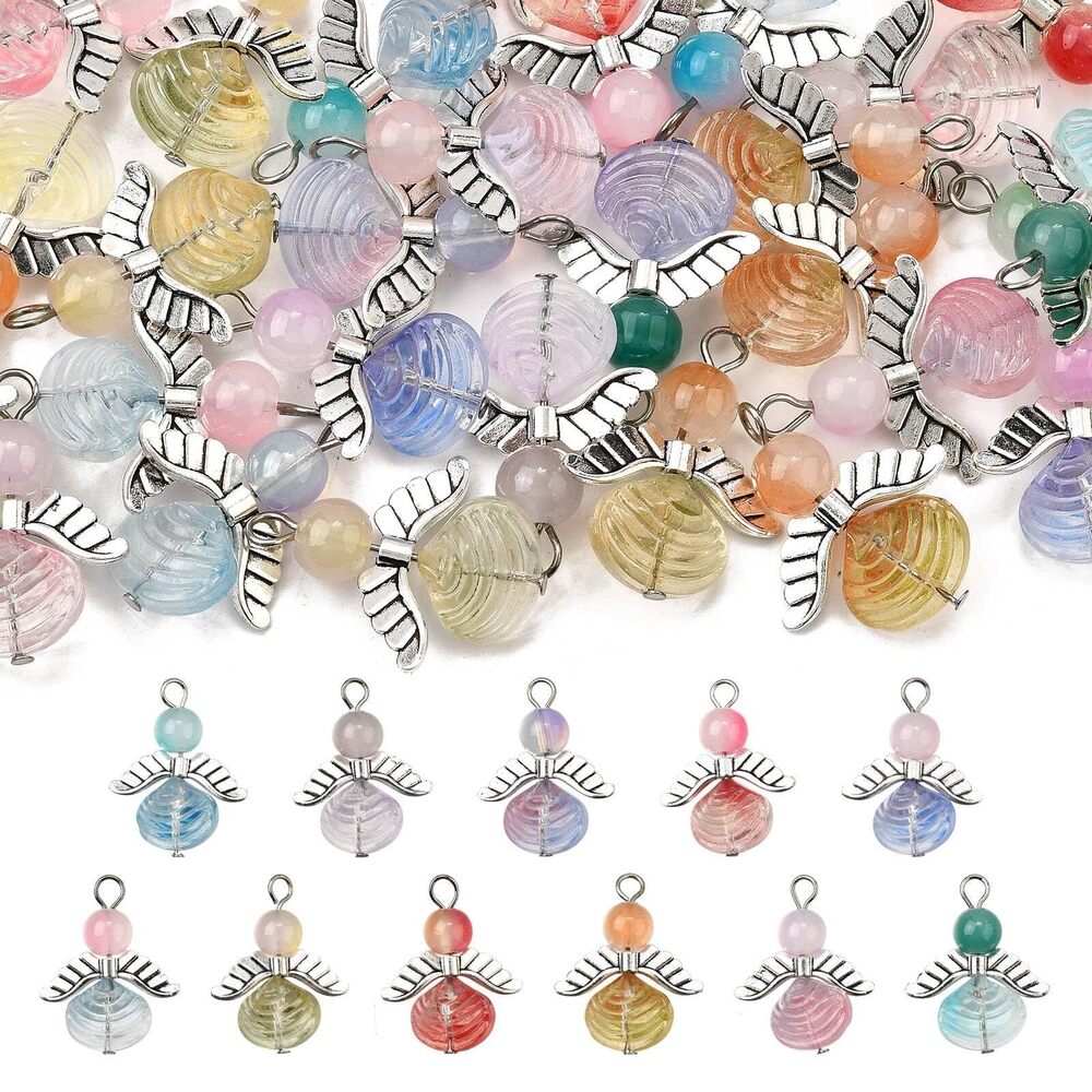 7556 30 Pcs Glass Angel Charms Fairy Glass Pendant Shell Angel with Tibetan
